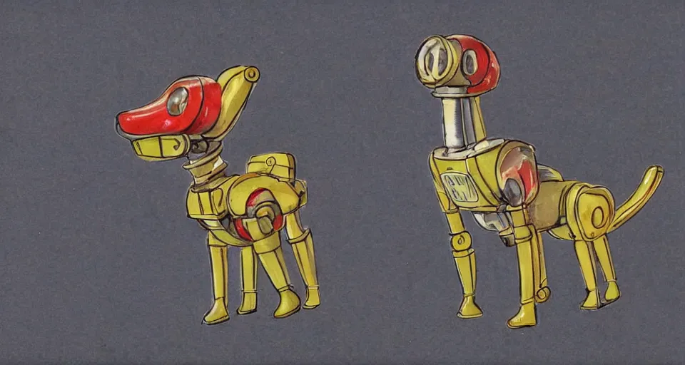 Prompt: a cute retro robot dog. alcohol inks on parchment, muted colors, detailed, textured parchment background, 1 9 5 0 s concept art