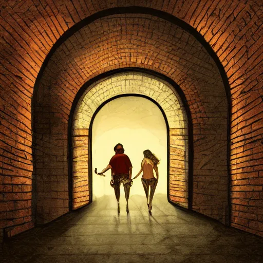 Prompt: adventurers caught in a trap, brick hallway, arched ceiling, chiaroscuro, full color, high detail, digital illustration