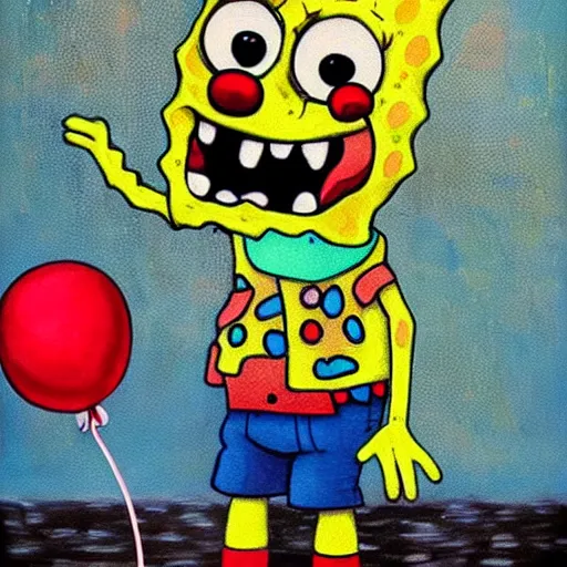 Image similar to grunge painting of spongebob with a wide smile and a red balloon by chris leib, loony toons style, pennywise style, corpse bride style, horror theme, detailed, elegant, intricate