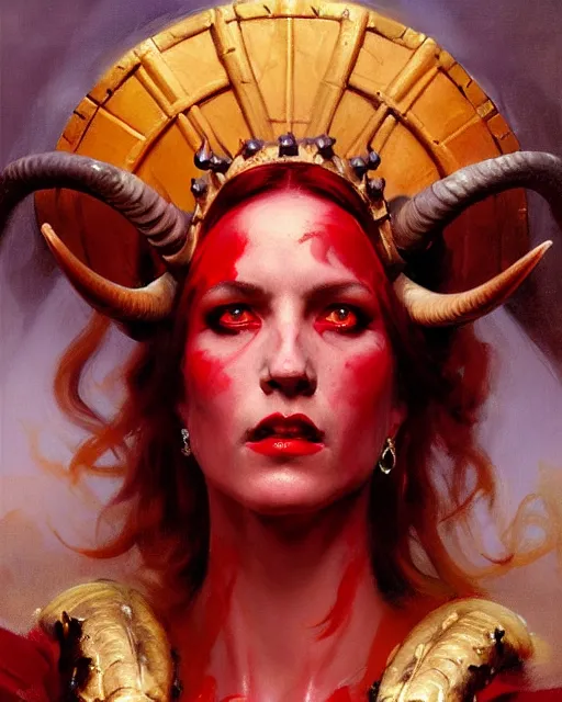 Image similar to painted close - up portrait of an attractive red - skinned intimidating demon queen with ram horns. oil painting, wearing a noblewoman's outfit, fantasy art by greg rutkowski and john singer sargent and gaston bussiere, demon noble character design