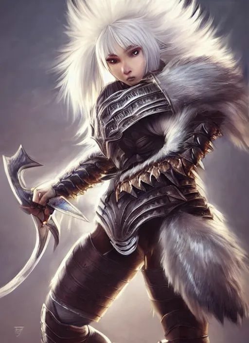 Image similar to warrior, fur - lined heavy armor!!! beautiful and athletic white hair female!! monster hunter!! character concept art, sharp focus, octane render! unreal engine 5! highly rendered!! trending on artstation!! detailed linework!! illustration by artgerm, wlop, and chie yoshii