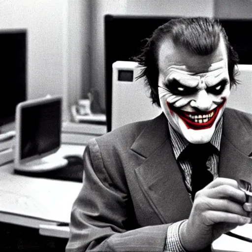 Image similar to jack nicholson as joker working in a cubicle at a computer in 1 9 8 9, fleshtone facepaint coming off, movie still, dslr