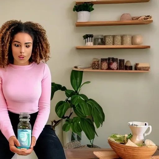 Image similar to extremely beautiful instagram influencer, young woman, desperate to sell her health coaching to an audience, visibly frustrated, snake oil in a jar on a table