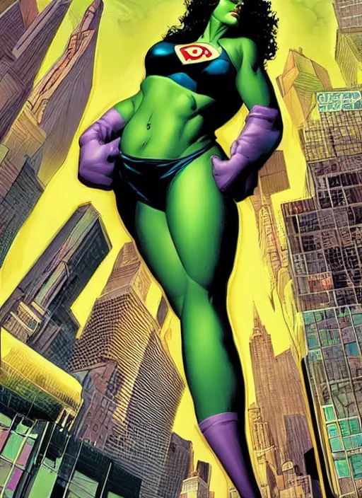 Image similar to a portrait of the she hulk in new york city by joe jusko, simone bianchi and alex ross dramatic lighting.