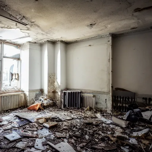 Prompt: Award winning photo of a living room of a flat abandoned 3 months ago, 4k, urban exploring, high quality