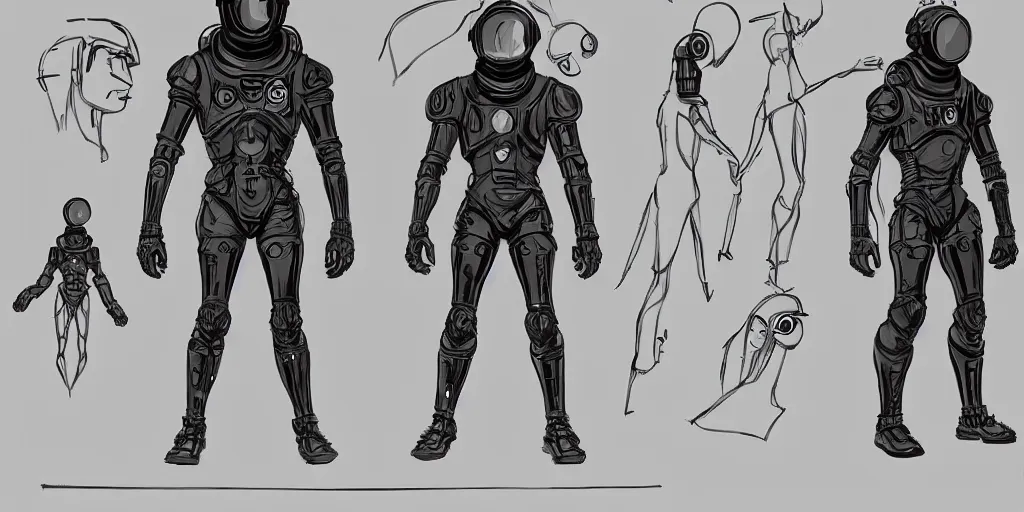 Image similar to male, fully body, elongated figure, science fiction space suit with a helmet, large shoulders, short torso, long thin legs, tiny feet, character sheet, funko, digital sketch, hyperdetailed, dieselpunk, stylized character design, concept design, in the style of mike mignola