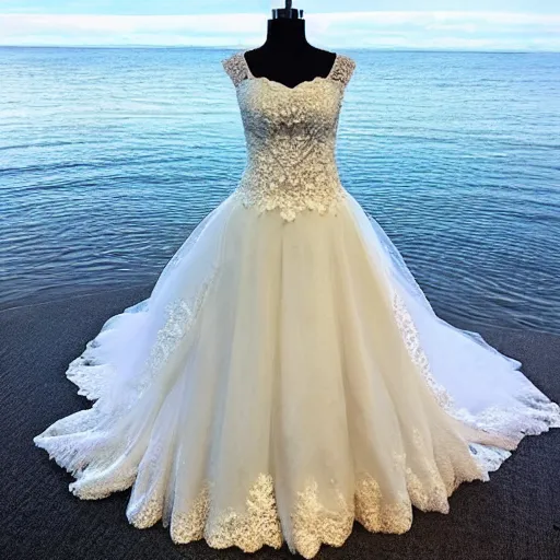 Prompt: full view, a beautiful full detailed ocean inspired wedding dress, put on a mannequin