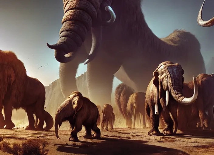 Image similar to the big large expedition with a crowd of adventurers being brought by gigantic transport mammoths carrying stuff towards the desert of duhnes medium shot, key art by craig mullins, bloom, dramatic lighting, cinematic, high details