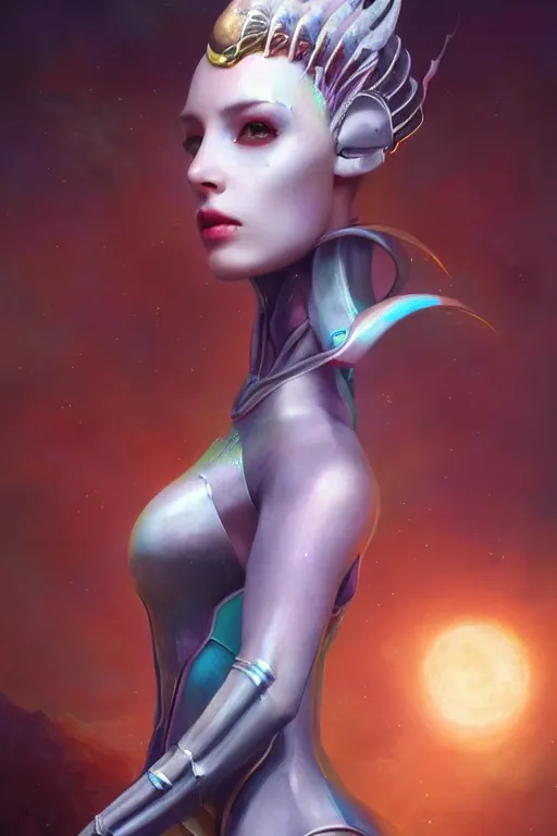 Image similar to digital portrait of an elegant alien queen, straight on, full body character concept art, concept art, by artgerm, tom bagshaw, gerald brom, vaporwave colors, lo fi colors, vaporwave, lo fi, 4 k, hd, rendered with substance designer, small details,