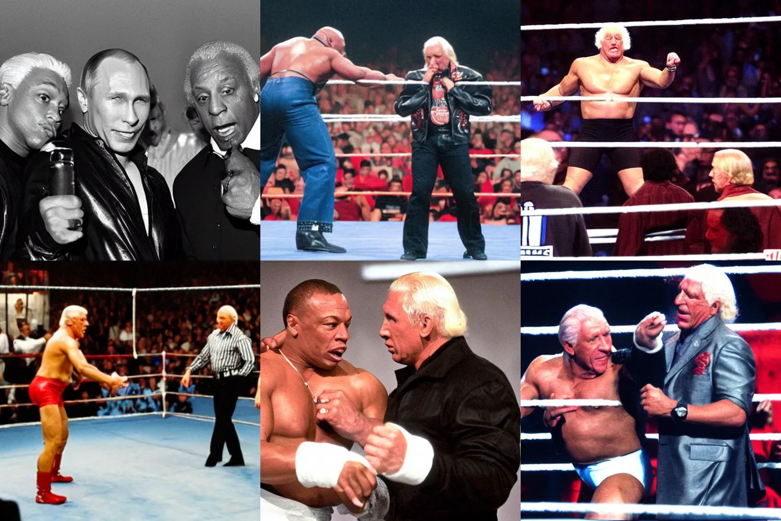 Prompt: dr dre, ric flair, and vladimir putin in the wrestling ring over a coca cola