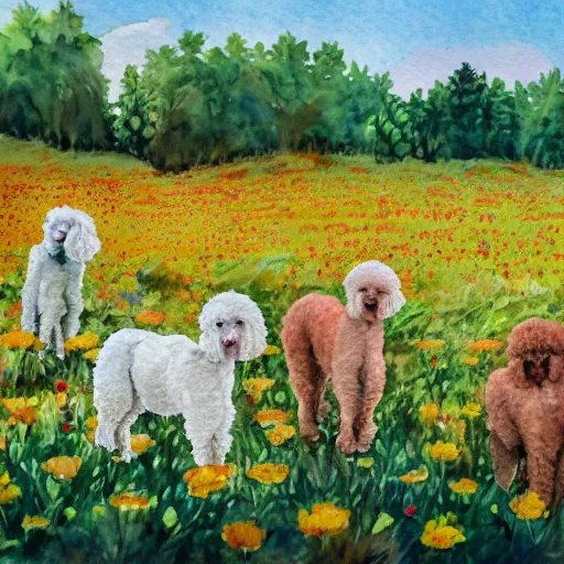 Prompt: a flower field full of white and brown toy poodles, nature painting, watercolor, 8K, bright vivid colors,