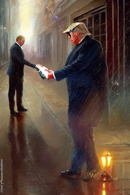 Image similar to donald trump buying drugs from vladimir putin in a dark raining city alley by adrian smith and wlop and vladimir volegov and alexander averin and delphin enjolras