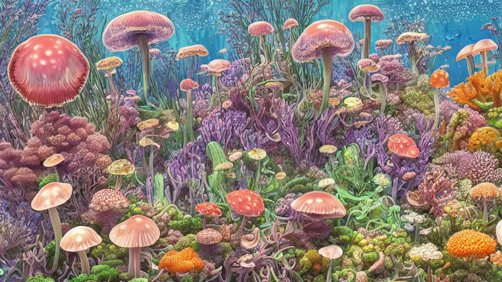 Prompt: highly detailed illustration of all the known species of plants, flowers, corals, mushrooms and jellyfish by juan gatti, by makoto shinkai, by moebius!, by oliver vernon