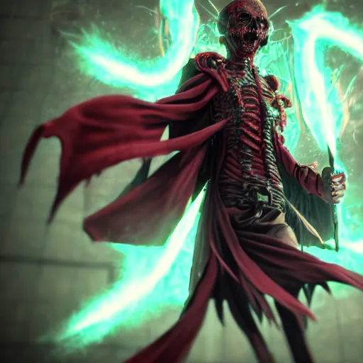 Prompt: A necromancer pulsing with necrotic energy, Art by Koyoharu Gotouge, power auras, sigils, tattered cloth robes, substance 3d painter, PBR textures, Physical based rendering, cinematic, hyper realism, high detail, octane render, unreal engine, 8k, Smooth gradients, High contrast, depth of field, aperture f2.8