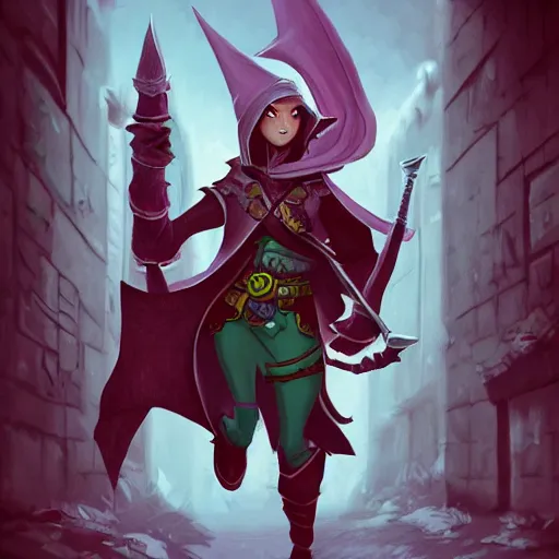 Image similar to elf rogue lurking through the alleyway, d & d style, trending on artstation, colorful, intricate, art by kev chan