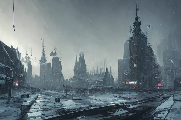 Image similar to cyberpunk depiction of the city of gdansk during arctic conditions by greg rutkowski