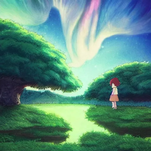 Image similar to in studio ghibli, moving castle, photo realistic, forest with detail, little girl dreaming with beautiful sky, aurora, supernova