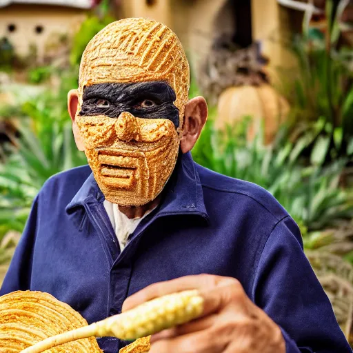 Image similar to an elderly man wearing a mask made from a tortilla, holding a sword made from elote, bold natural colors, national geographic photography, masterpiece, 8 k, raw, unedited, symmetrical balance