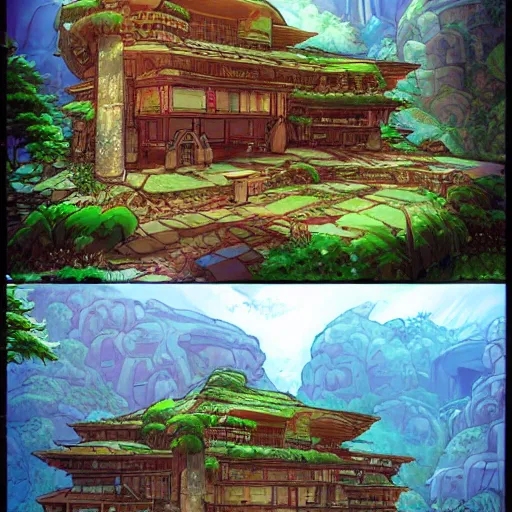 Prompt: stylized concept art of beautiful parametric villa anime style by katsuya terada and artstationtrending and pixv and princess mononoke olmec ghibli