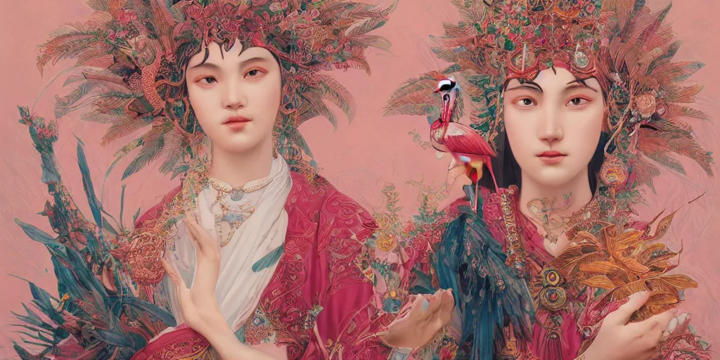 Image similar to breathtaking detailed concept art painting of the goddess of flamingo, orthodox saint, with anxious, piercing eyes, ornate background, amalgamation of leaves and flowers, by Hsiao-Ron Cheng and John James Audubon, extremely moody lighting, 8K