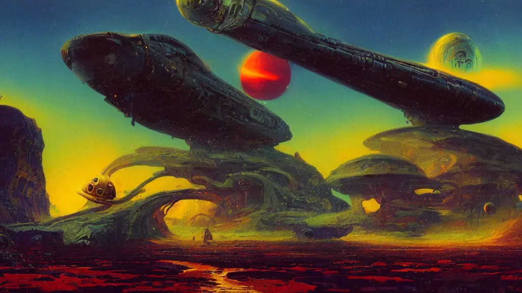 Image similar to a tall rocketship landing on a strange eerie alien planet by Paul Lehr and Bruce Pennington