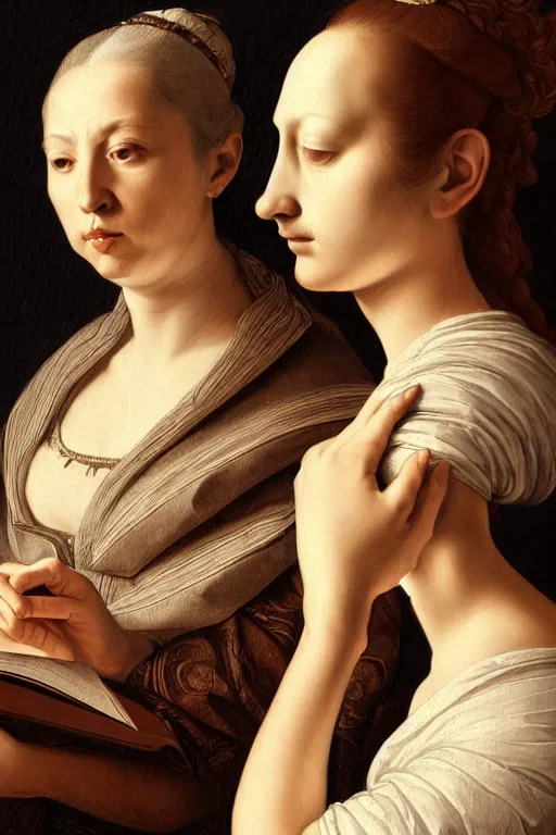 Image similar to portrait of two wise and very beautiful women reviewing some texts, art by tiziano, intricate, elegant, highly detailed, smooth, sharp focus, artstation