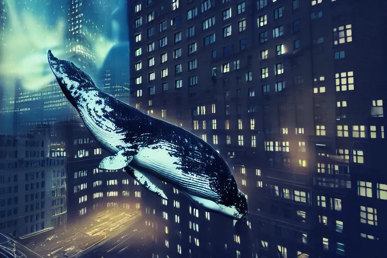 Image similar to whale flying over a building at night time, wearing fashion clothing, id magazine, hyperrealism, detailed textures, photorealistic, newyork city, ultra realistic, cinematic, intricate, cinematic light, unreal engine 5, octane render, david kostic, artgerm