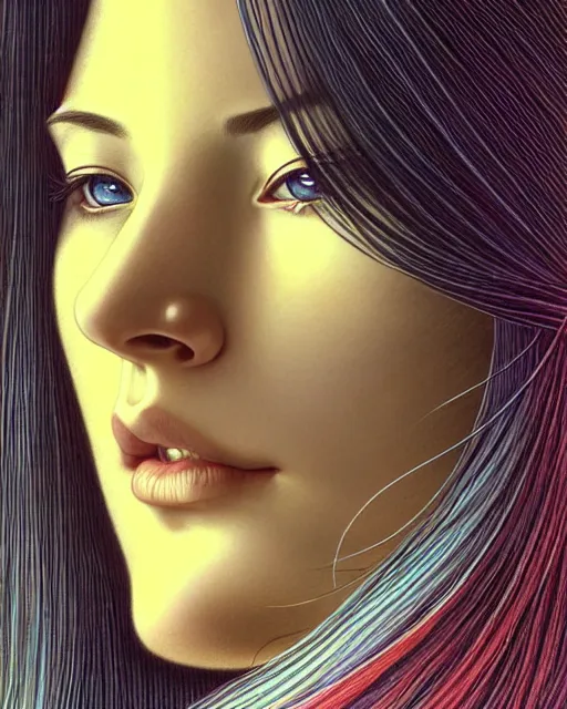 Prompt: ' daydreaming woman with long straight silky hair ', closeup shot of face, beautiful shadowing, soft shadowing, reflective surfaces, illustrated completely, 8 k beautifully detailed pencil illustration, extremely hyper - detailed pencil illustration, intricate, epic composition, masterpiece, bold complimentary colors. stunning masterfully illustrated by artgerm, range murata, alphonse mucha, katsuhiro otomo.