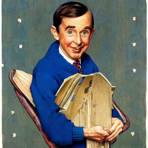 Prompt: norman rockwell painting of mr. rodgers wearing a blue cardigan