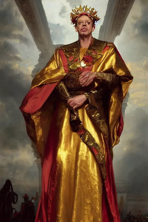 Image similar to beautiful portrait oil painting, steve buscemi wearing a golden wreath crown in royal crimson robes enthroned as the god emperor of ancient rome, mid - shot, by anders zorn, wonderful masterpiece by greg rutkowski, beautiful cinematic light, american romanticism, by thomas lawrence, greg rutkowski