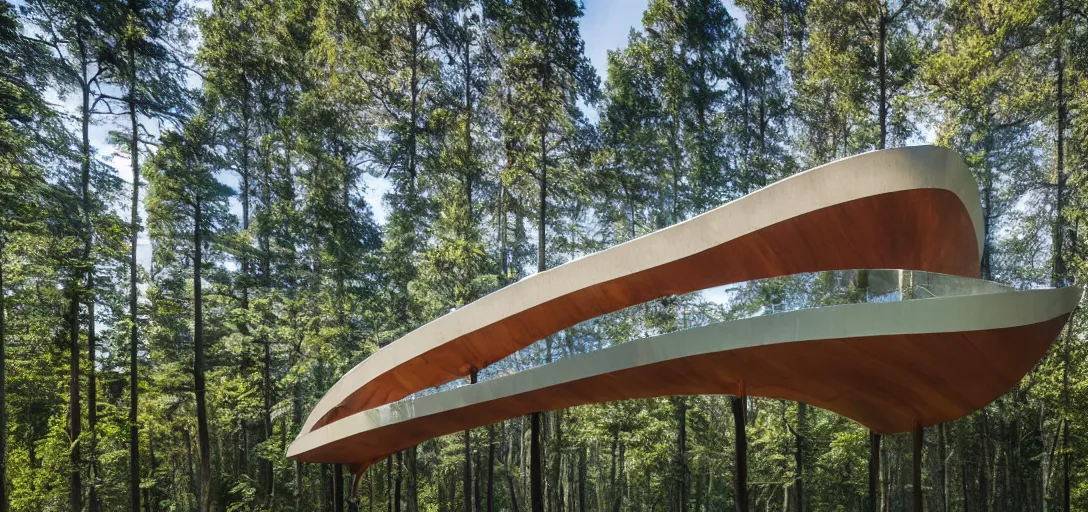 Image similar to curved roof planes lift and descend creating shade and architectural expression, highly detailed, situated in the forest, next to a highly reflective lake, marble, vivid color, high resolution photography, mist, luxury