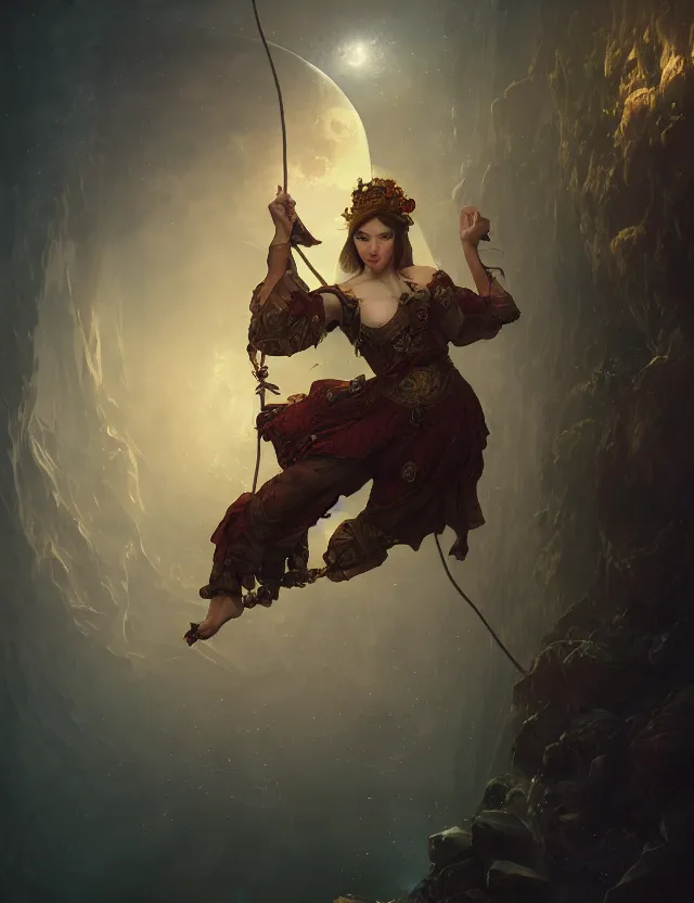 Image similar to photography alexey gurylev, on a tightrope over the abyss, serene, lunar, deep focus, d & d, fantasy, complex, elegant, highly detailed, digital painting, artstation, concept art, matte, clear focus, illustration, hearthstone, artgerm art, greg rutkovsky and alphonse mucha
