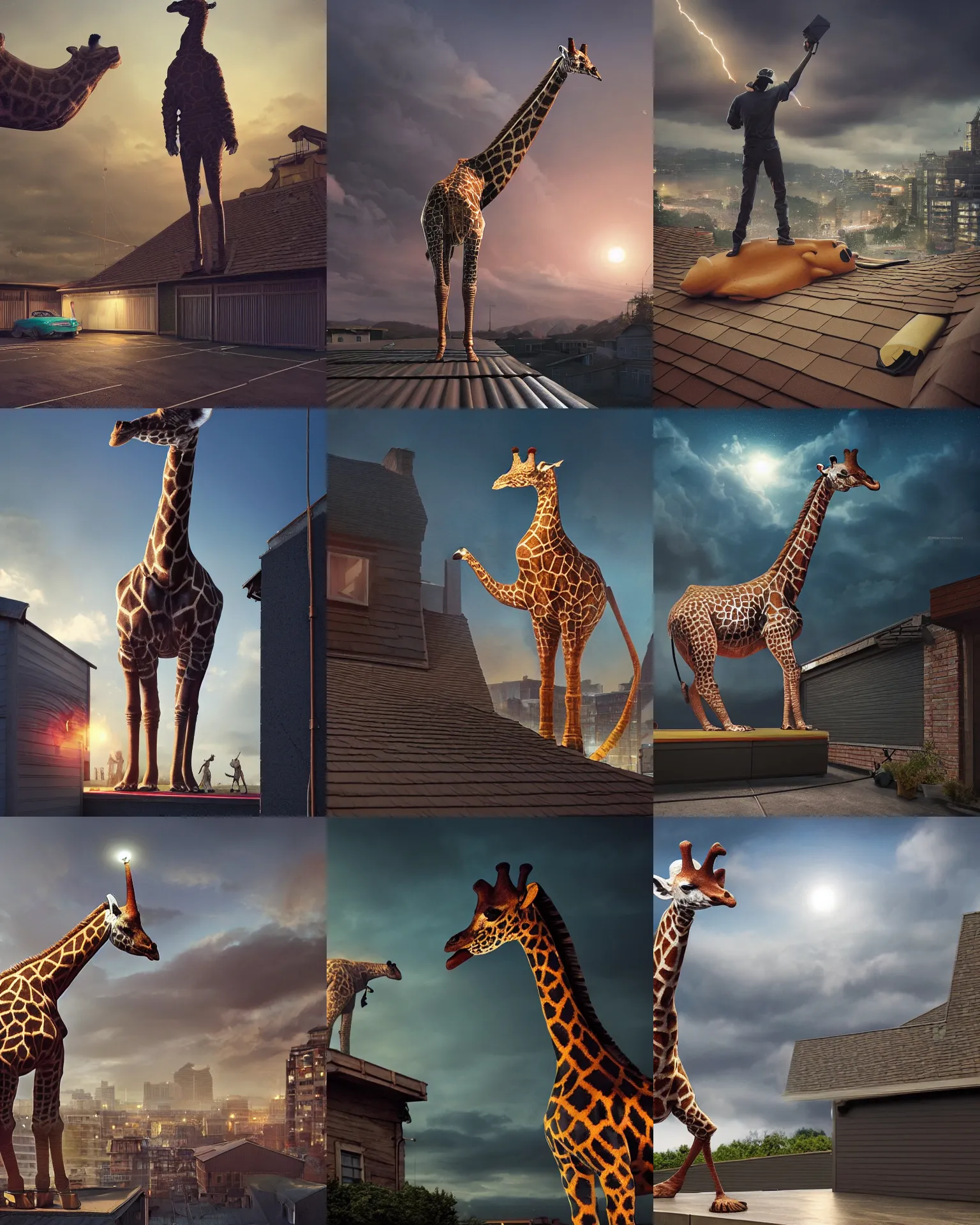 Prompt: rubber flat roofing installation services on garage roof halifax, fantasy, a giraffe standing on the roof, intricate, epic lighting, cinematic composition, hyper realistic, 8 k resolution, unreal engine 5, by artgerm, tooth wu, dan mumford, beeple, wlop, rossdraws, james jean, marc simonetti, artstation