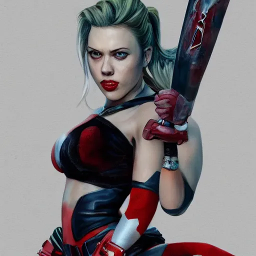 Image similar to Scarlett Johansson as Harley Quinn, holding bat, digital, artstation, cgsociety, 4k, high detail