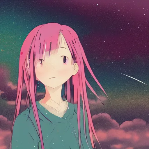 Prompt: a super detailed moe protagonist girl with pink hair in a field by inio asano, beeple and james jean, aya takano color style, 4 k, super detailed, night sky, digital art, digital painting, celestial, majestic, colorful