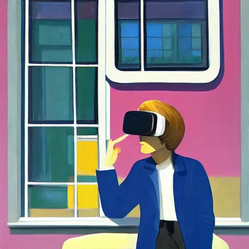 Image similar to A fine art painting of a man wearing Vr goggles and a puffa jacket, he creating the metaverse at a desk through a window on a British street. In the style of Edward Hopper and Wes Anderson