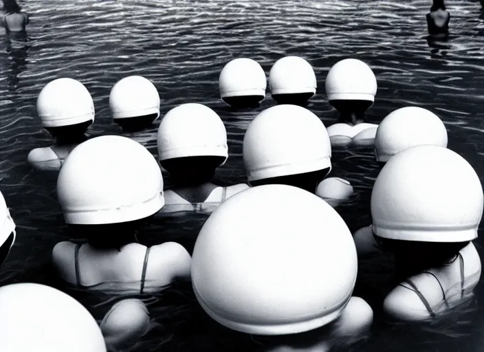 Image similar to realistic photo of a group of common girls in white tights, wearing white spherical helmets, spherical hats, in a big pool with dark black oil water, in a center of the pool with grey black mercury oil water, the sky is grey 2 0 0 0, life magazine photo,