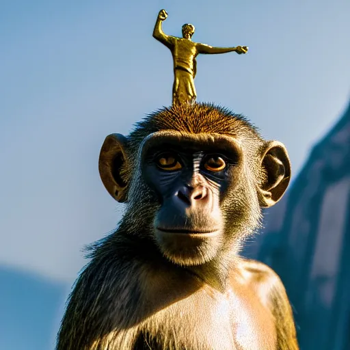 Image similar to high quality portrait of a monkey in front of Christ The Redeemer, studio photograph, photograph, realistic photo, 8k photo, 4k photo, stock photo, high resolution, cinematic shot, high detail