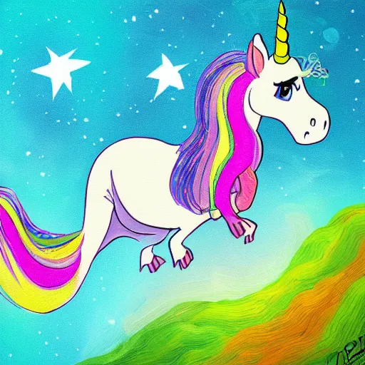 Prompt: unicorn dreaming of a trex on the moon, colorful, modern, disney, in style of pixar, highly detailed, sharp focus, digital painting