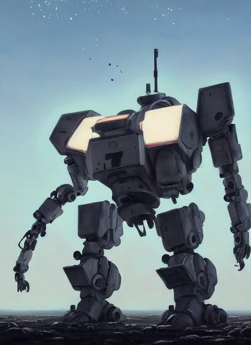 Image similar to an intricate oil painting of a giant pristine white android jagged mech robot with rounded components and tarpaulin cloak by simon stalenhag, inspired by nier : automata, clean white lab background