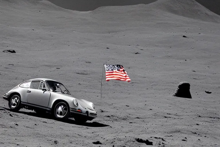 Image similar to vintage photo of a porsche 911 on the moon being driven by an astronaut. wide shot. apollo moon landing