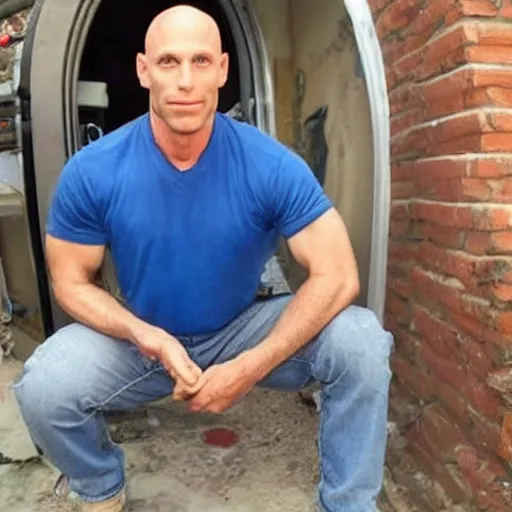 Image similar to johnny sins as a plumber working sincerely