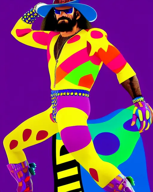 Image similar to disney pixar portrait 8 k photo of macho man randy savage wearing brightly colored spandex pants, jacket, and cowboy hat : : as ultimate professional wrestler by pixar : : by weta, greg rutkowski, wlop, ilya kuvshinov, rossdraws, artgerm, annie leibovitz, rave, unreal engine, alphonse mucha : :