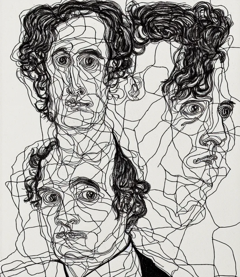 Image similar to detailed line art portrait of charles baudelaire, inspired by egon schiele. caricatural, minimalist, bold contour lines, musicality, soft twirls curls and curves, confident personality, raw emotion