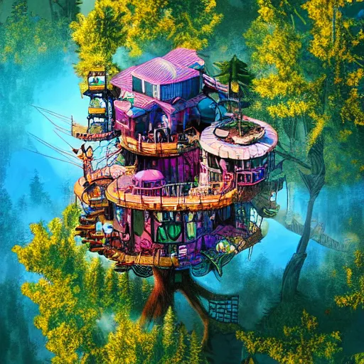 Image similar to hyper realistic adventure time treehouse, cyberpunk, aerial photograph, bright colours