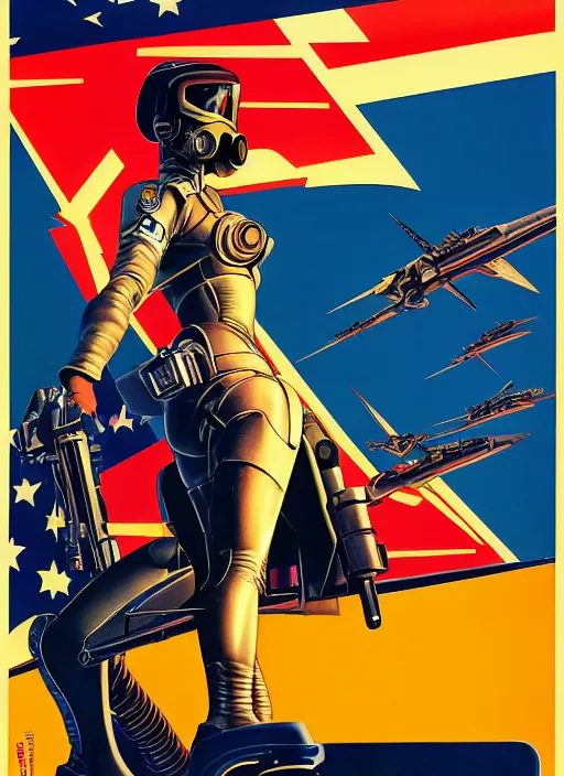 Prompt: american propaganda poster art. powerful cyberpunk pilot. portrait by jean giraud and anton otto fischer and john philip falter and will eisner and gil elvgren and pixar. full body. realistic proportions. science fiction d & d. overwatch, rb 6 s, cyberpunk 2 0 7 7, blade runner 2 0 4 9. cel shading. thick lines.