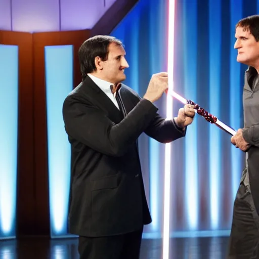 Image similar to Jedi Kevin O'Leary cutting Mark Cuban flesh with a lightsaber, in Shark Tank (2016)