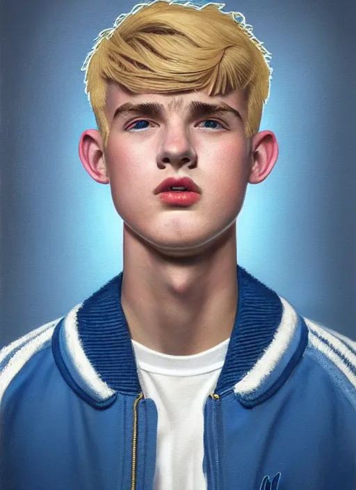 Image similar to portrait of a high school senior boy named moose mason, blonde short hair, jock, beefy, square jaw, square facial structure, 1 9 5 0 s, blue varsity jacket, intricate, elegant, glowing lights, highly detailed, digital painting, artstation, concept art, smooth, sharp focus, illustration, art by wlop, mars ravelo and greg rutkowski