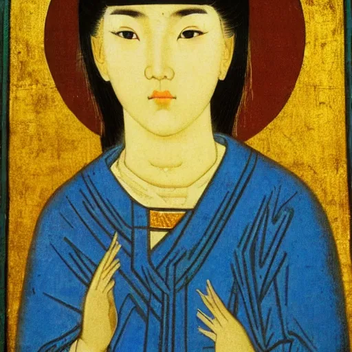 Prompt: portrait of asian looking girl in iconography style andrei rublev