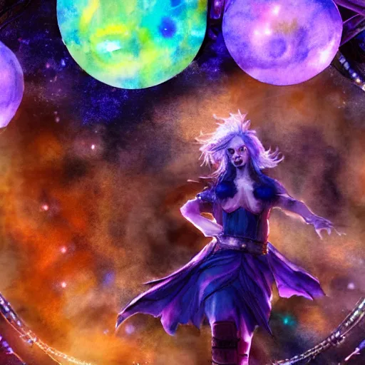 Image similar to Path of Exile, Maven, watercolour painting, female image with purple hair among colourful lights, dark blue spheres fly around, dark fantasy, steampunk, 4k,